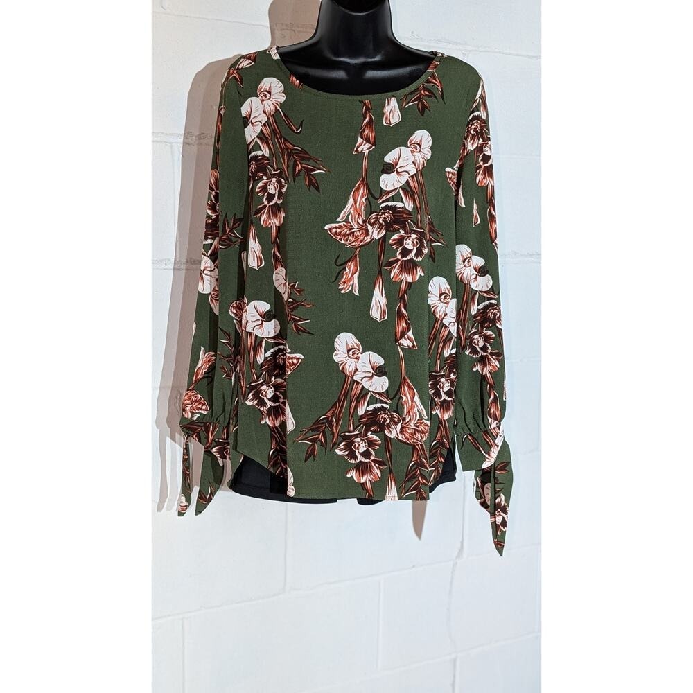 Lara Fashion Floral Print Long Sleeve Blouse Olive Green Tie Cuff Top Small